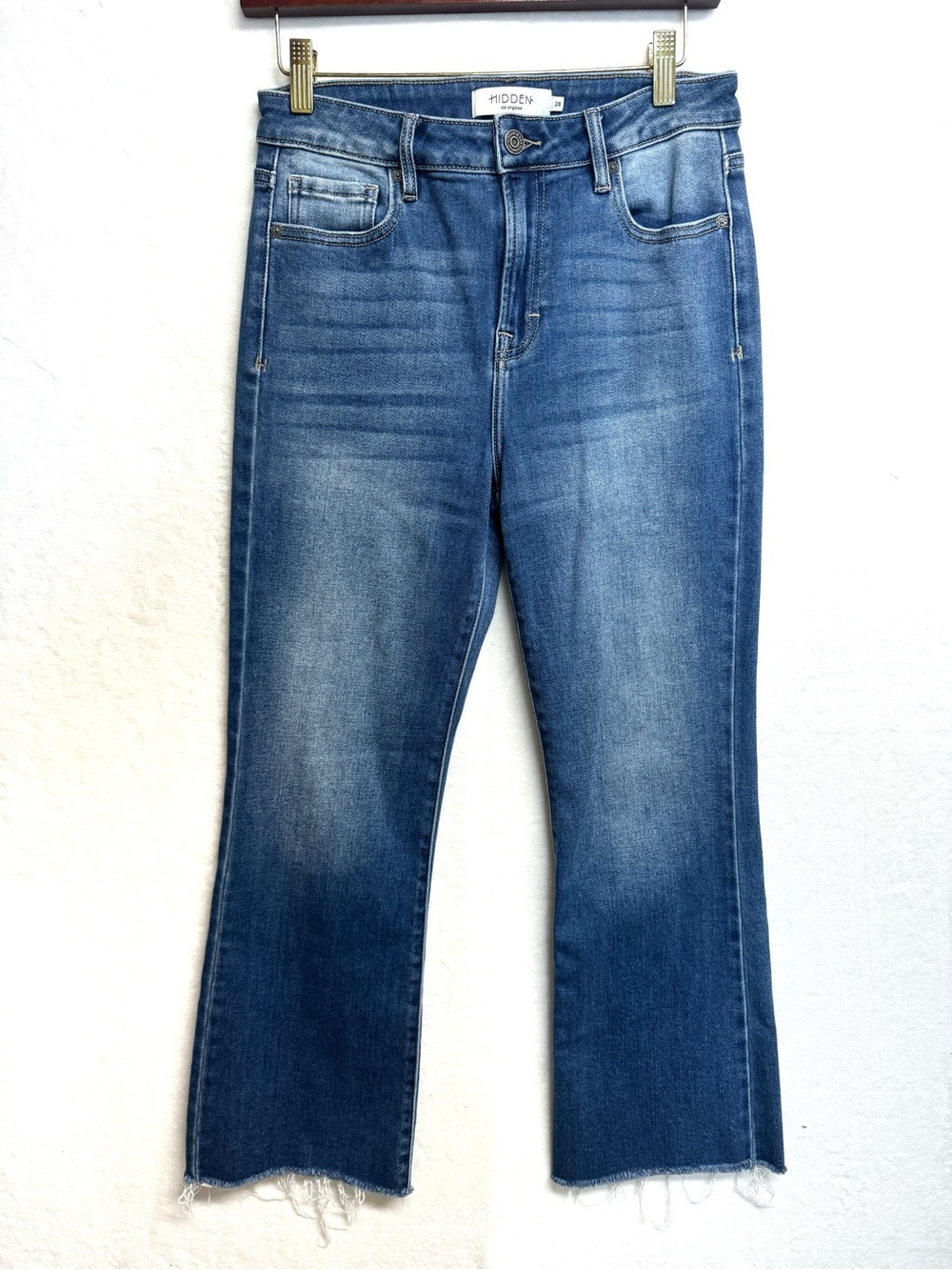 Hidden Jeans Womens 28 Blue Crop Flare Raw Hem Stretch High Rise